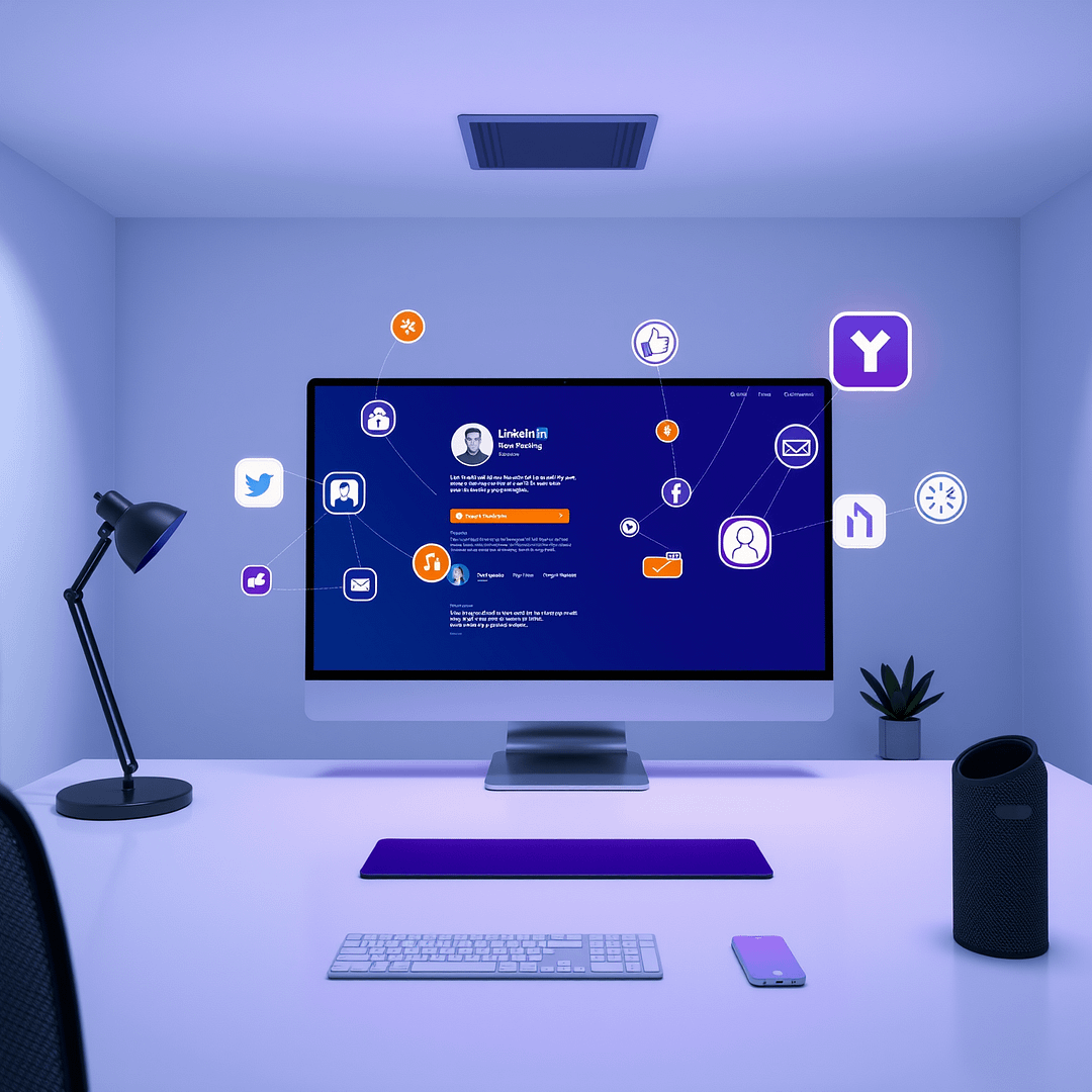 Minimalistischer Arbeitsplatz mit LinkedIn Profil und schwebenden Social Media Icons für Personal Branding im B2B