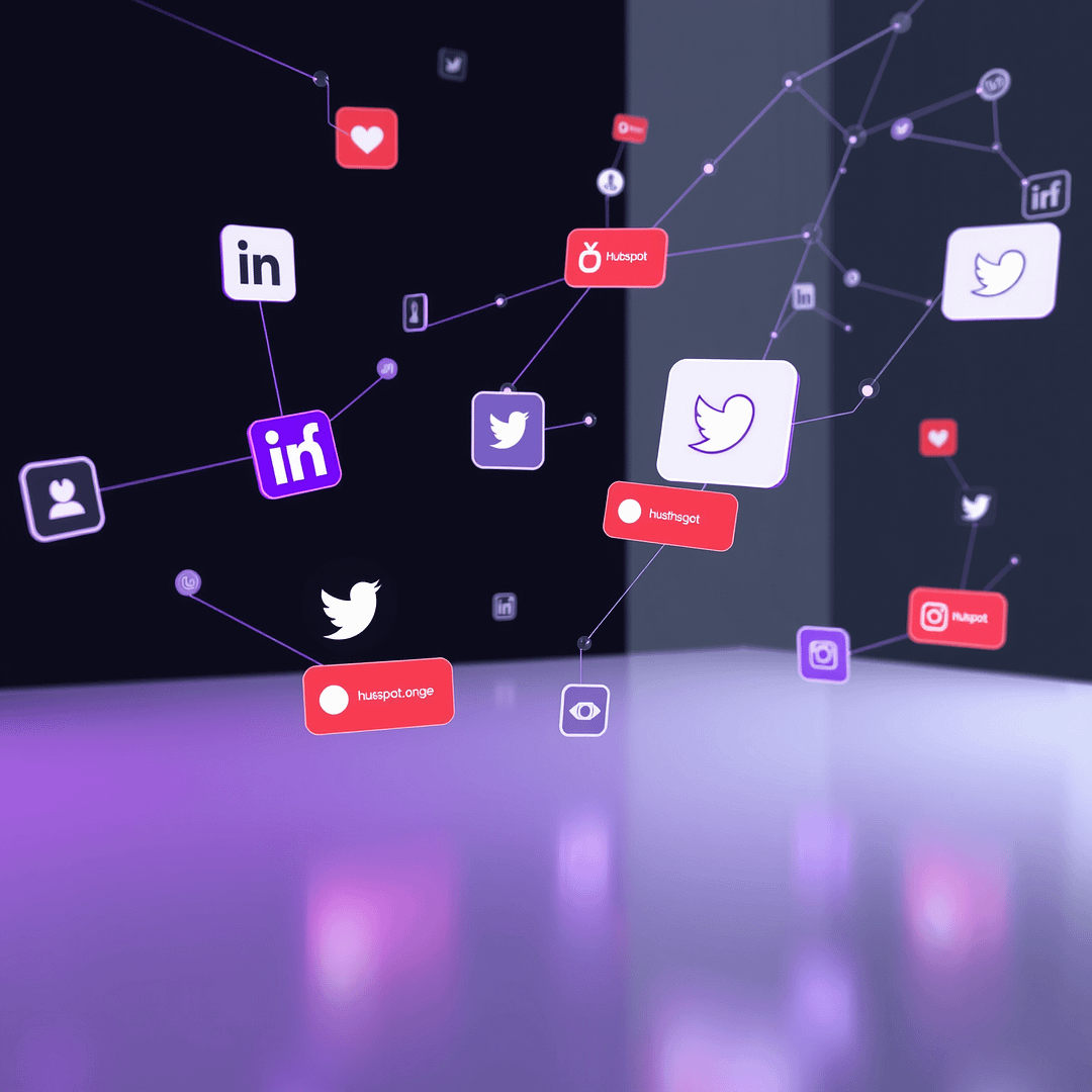 KI-Agenten für Social Media mit hyperrealistischem digitalen Arbeitsplatz LinkedIn Twitter und Instagram Icons in AI-Netzwerken