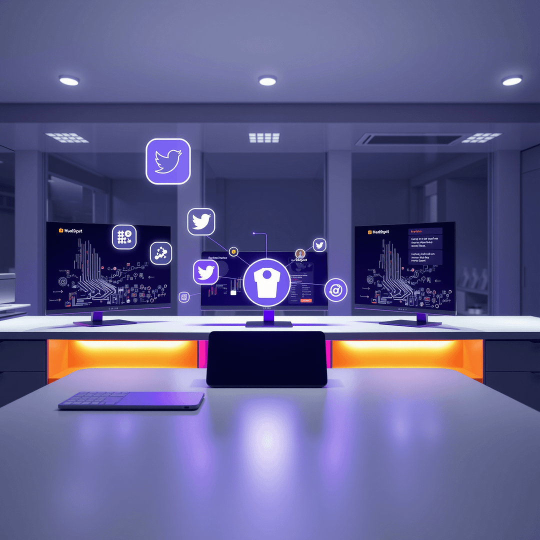 Hyperrealistischer 4K Corporate Workspace mit KI-Agenten im B2B visuelle Datenflüsse und soziale Medien Icons