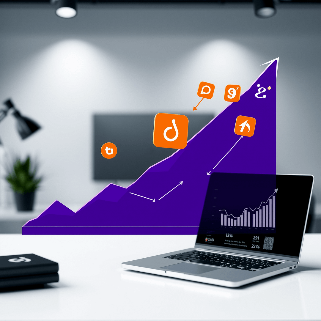Hyperrealistische minimal corporate Szene zeigt Wachstumskurven von chaotisch zu organisiert in Schwarz Weiß und Tiefpurpur mit modernem Laptop und Analytics am Arbeitsplatz in Verbindung mit Das Ende der Growth Hacking Ära