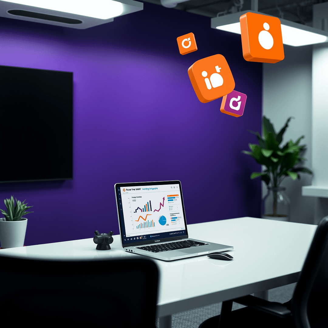 Minimalistisches Büro mit Laptop für Infografik in PowerPoint erstellen an einem schwarzen Schreibtisch