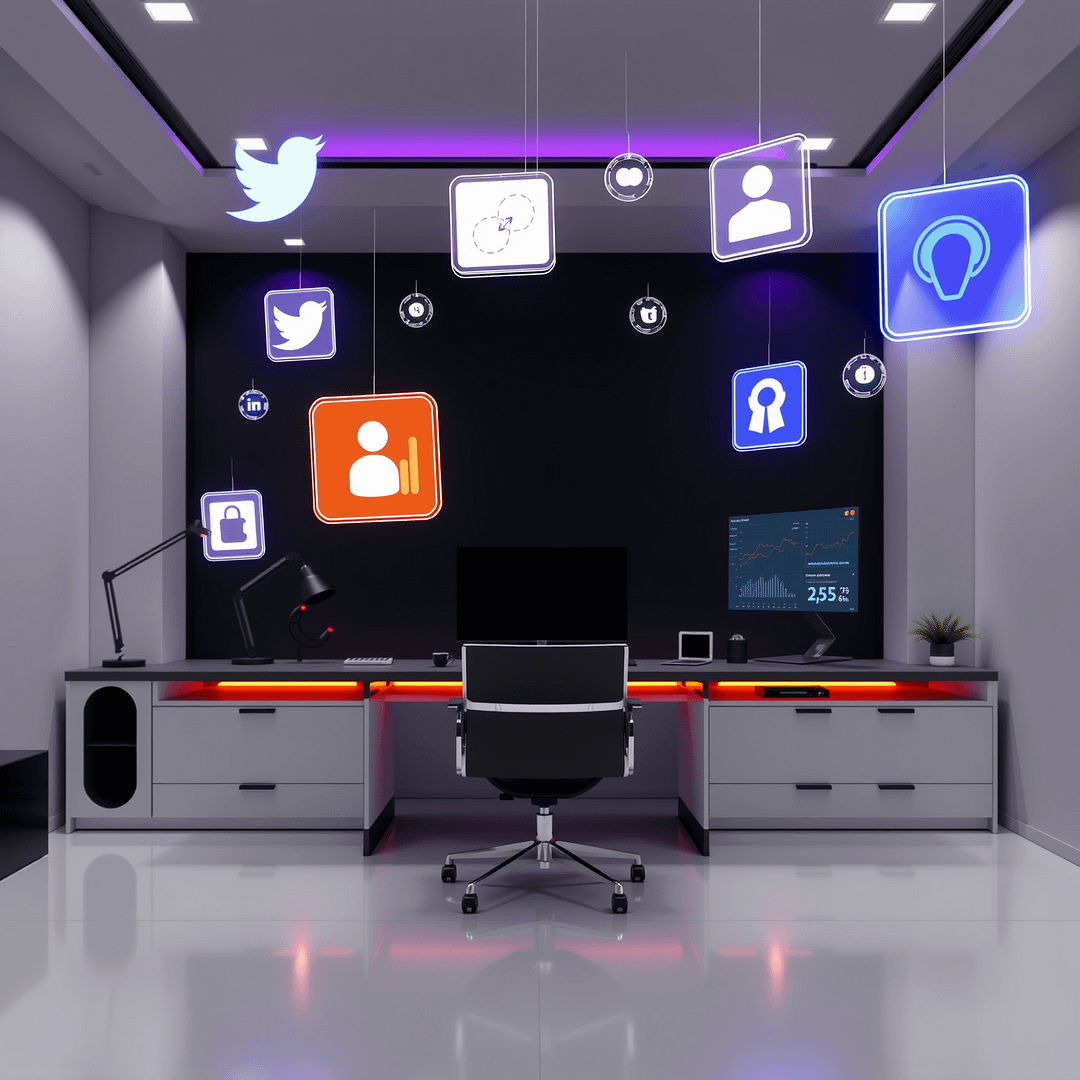 Hyperrealistische minimalistische B2B Arbeitsumgebung mit AI Social Media Tools Visualisierung