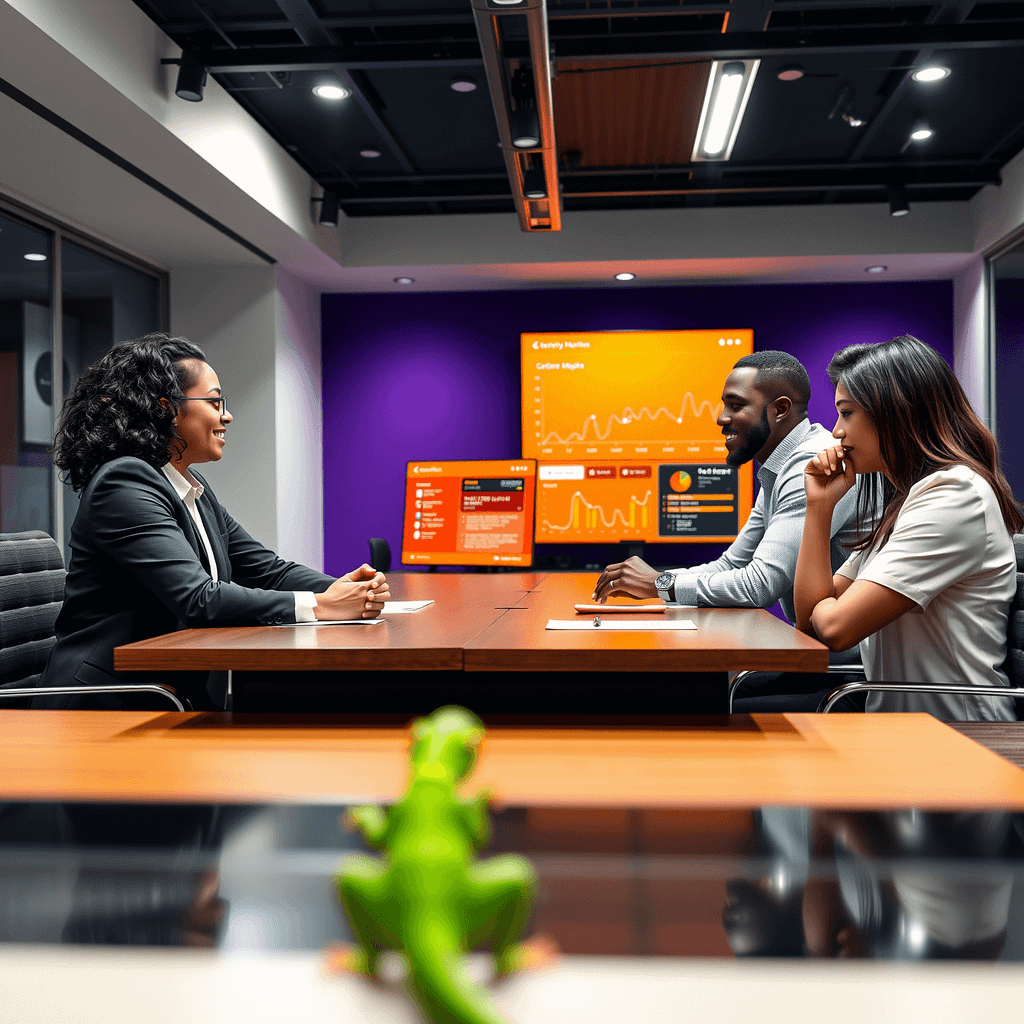 Diverse professionals using human-centric approach in a modern minimalist office setting with a purple accent wall and orange digital dashboard