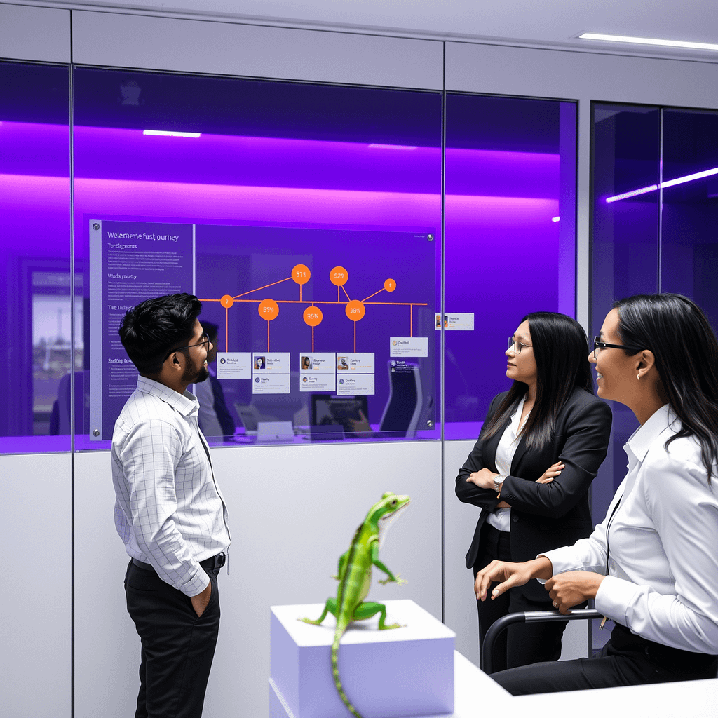 Drei Fachleute diskutieren customer journey auf Glaswand in minimalistischem Büro mit lila Akzentlicht