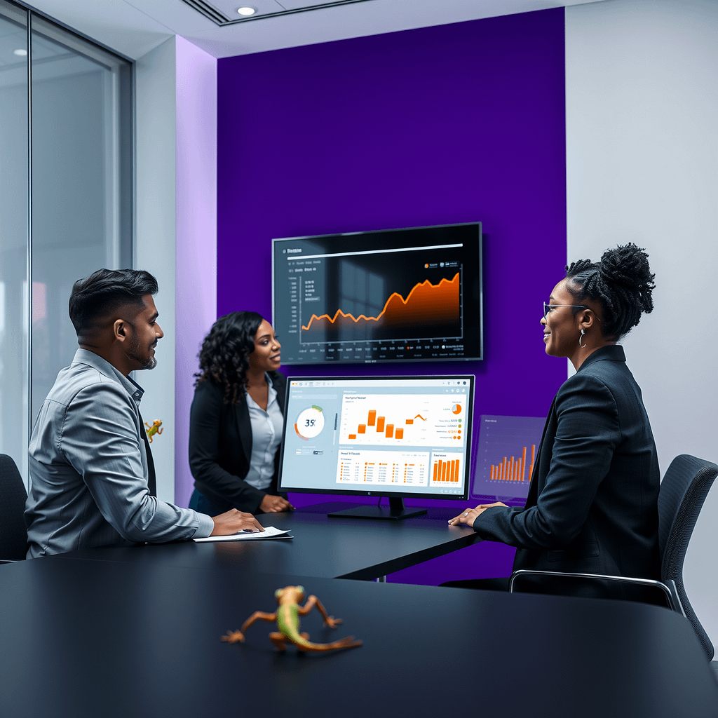 Drei Profis in Data Analytics analysieren Visualisierungen auf Glasdisplays in modernem Boardroom
