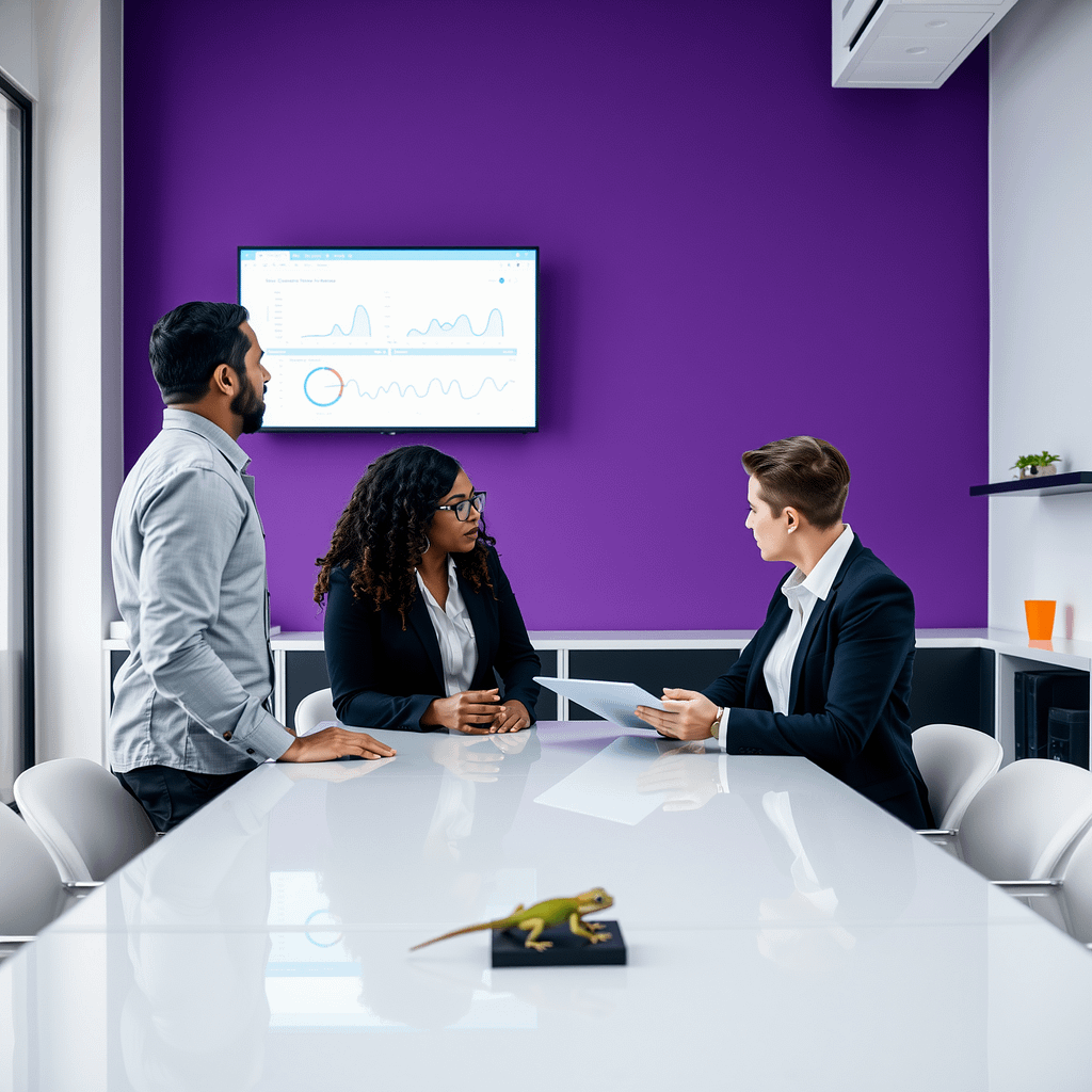 Drei Fachleute analysieren Business Review Daten im modernen Büro mit lila Akzentwand und orangefarbenen Accessoires