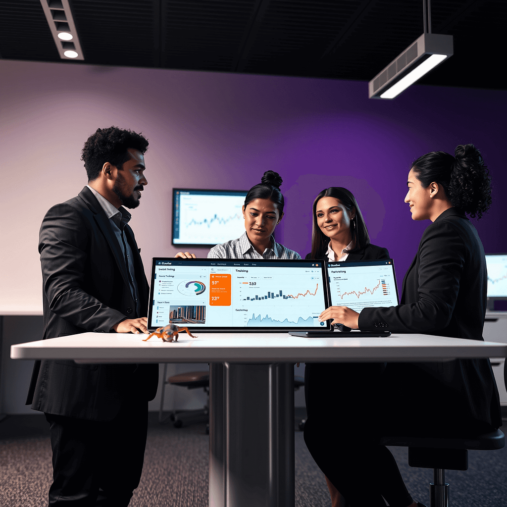 Drei Fachleute am digitalen Lernmanagement Dashboard in einem modernen Büro mit Akzenten in Hubspot Orange und tiefem Lila