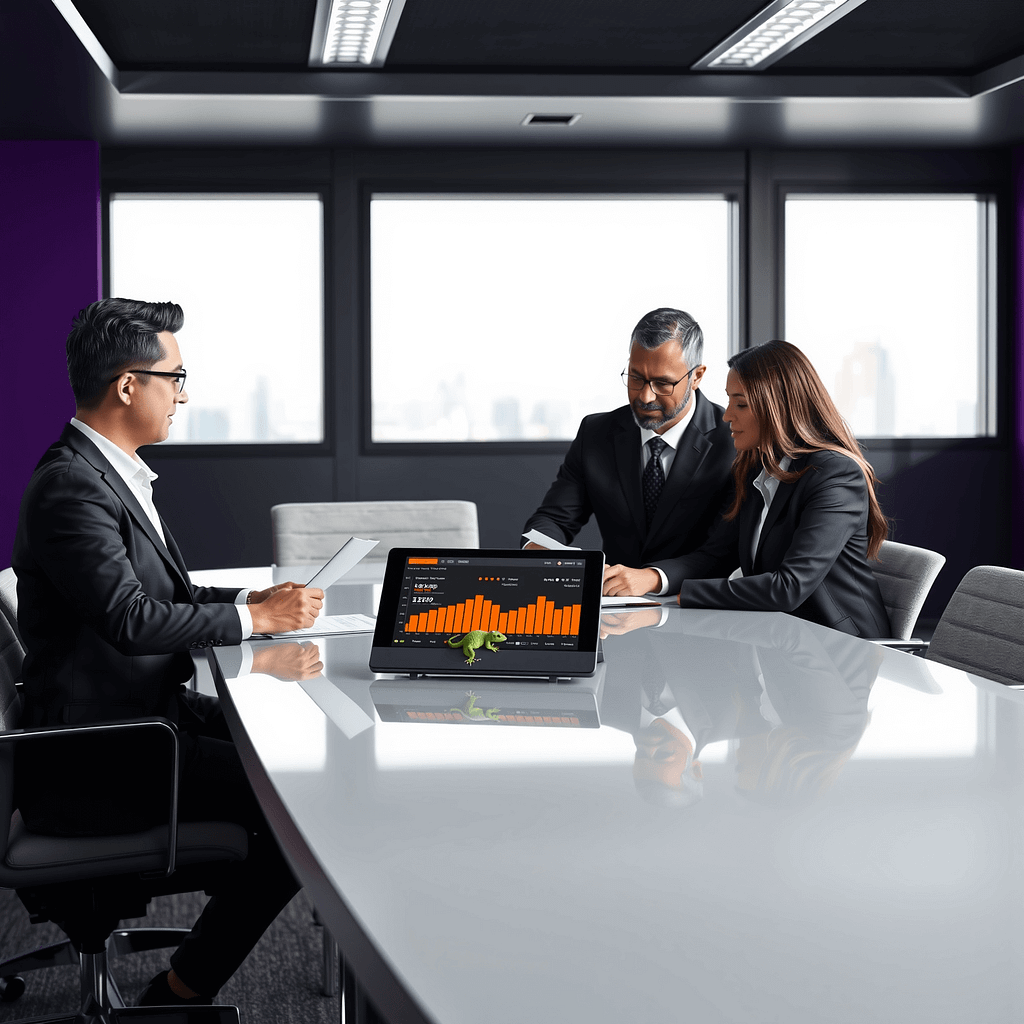 Drei Fachleute besprechen Governance Model in modernem Boardroom mit lila Akzentwand