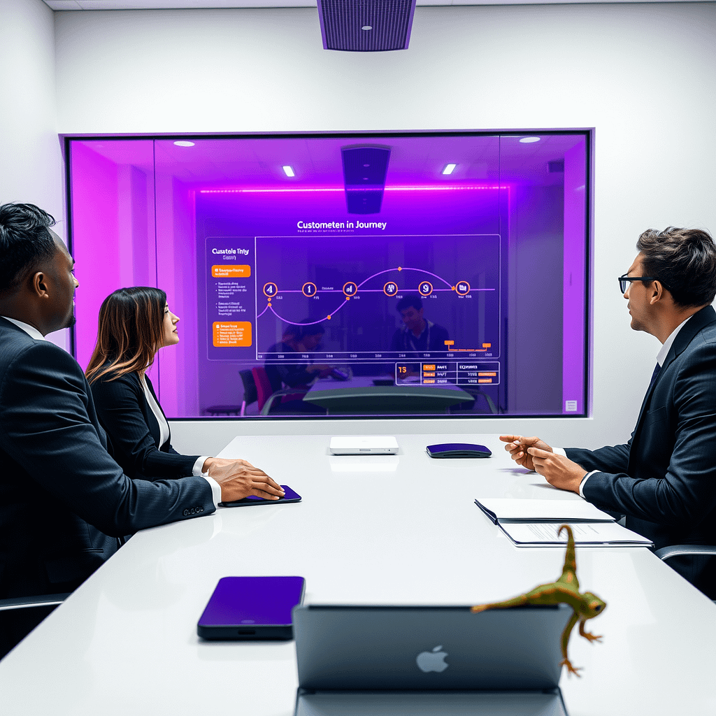 Drei Fachleute analysieren Buyer's Journey auf gläserner Wand in hyperrealistischem Boardroom