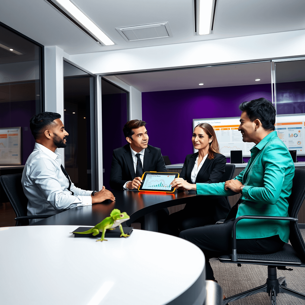 Drei Fachleute diskutieren Cross-Selling Strategien an modernem Büroarbeitsplatz mit orangefarbenem Tablet