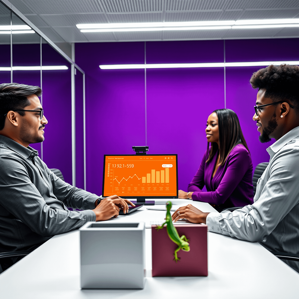 Drei diverse Profis in moderner customer acquisition Sitzung minimalistisches Büro mit lila Akzentwand