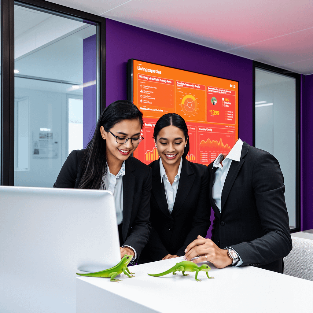 Diverse Profis arbeiten im modernen Büro mit digitaler Anzeige fördern Customer Engagement