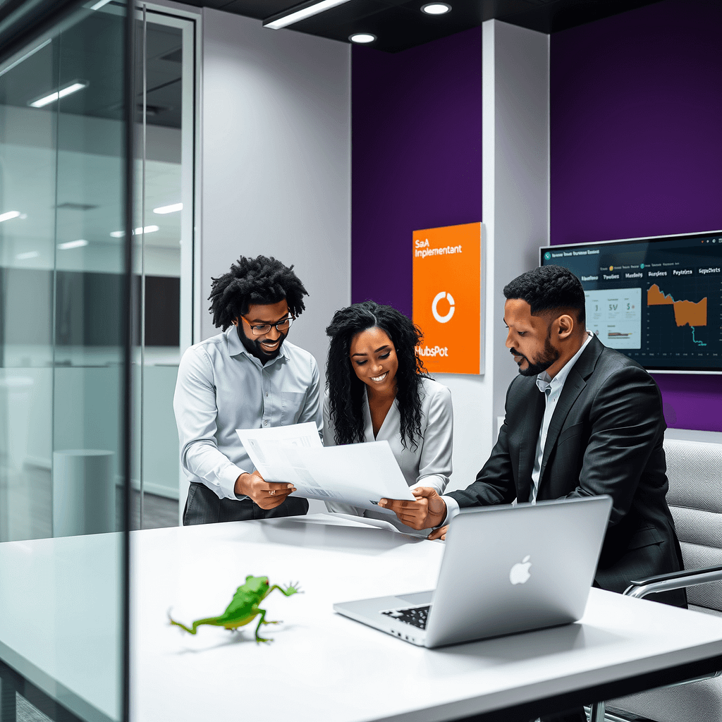 Drei Fachleute diskutieren SaaS Implementation in modernem Büro mit orange Dashboard