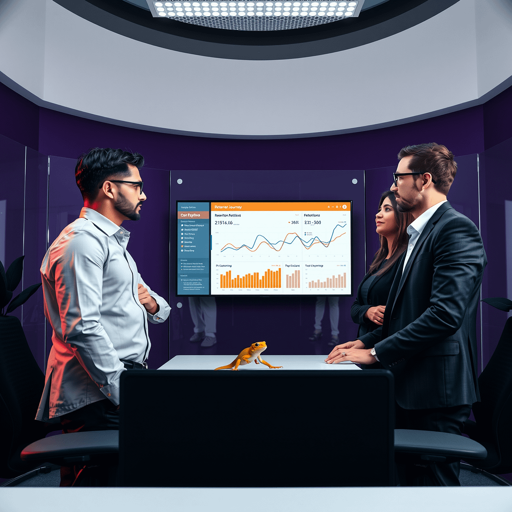 Drei Fachleute analysieren Customer Retention Daten an modernen transparenten Wänden in minimalistischem Büro