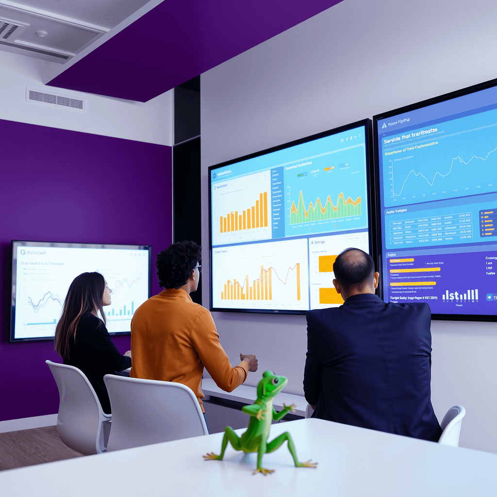 Drei Fachleute analysieren Daten auf großen Dashboard Displays in einem modernen Büro mit stilvollen Akzentwänden