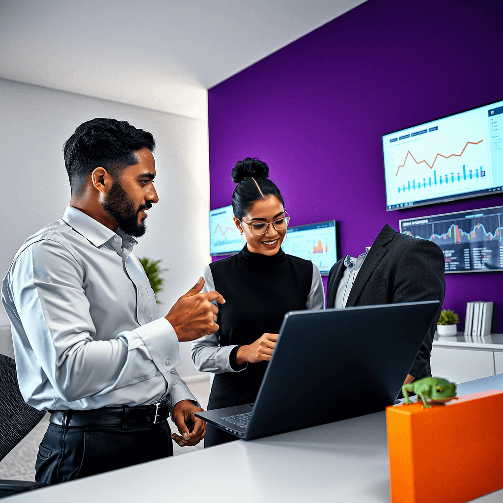 Drei Fachleute analysieren Metrics auf Screens in modernem Büro mit lila Akzentwand und kleinem Gecko