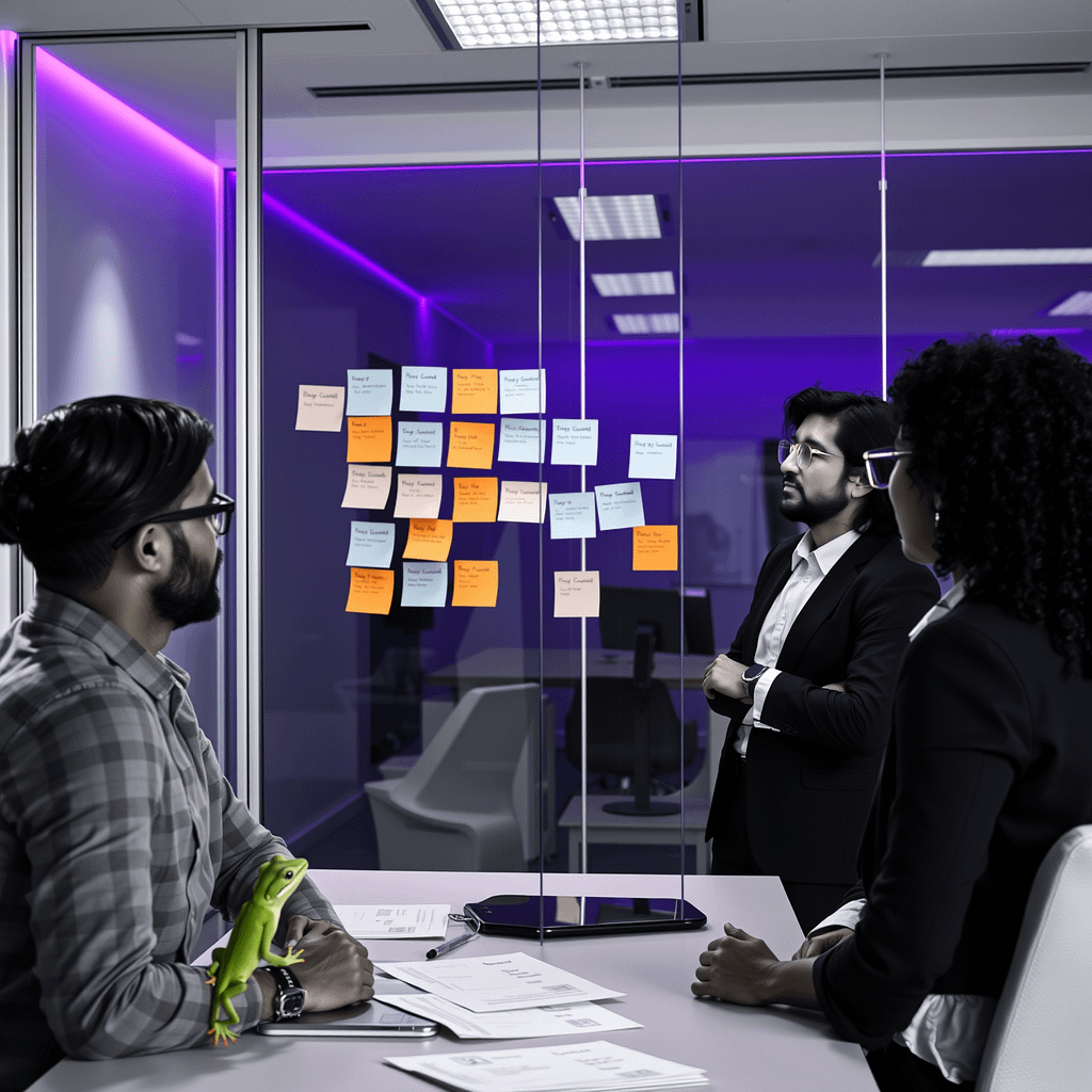 Diverse professionals using design thinking with sticky notes in a modern office