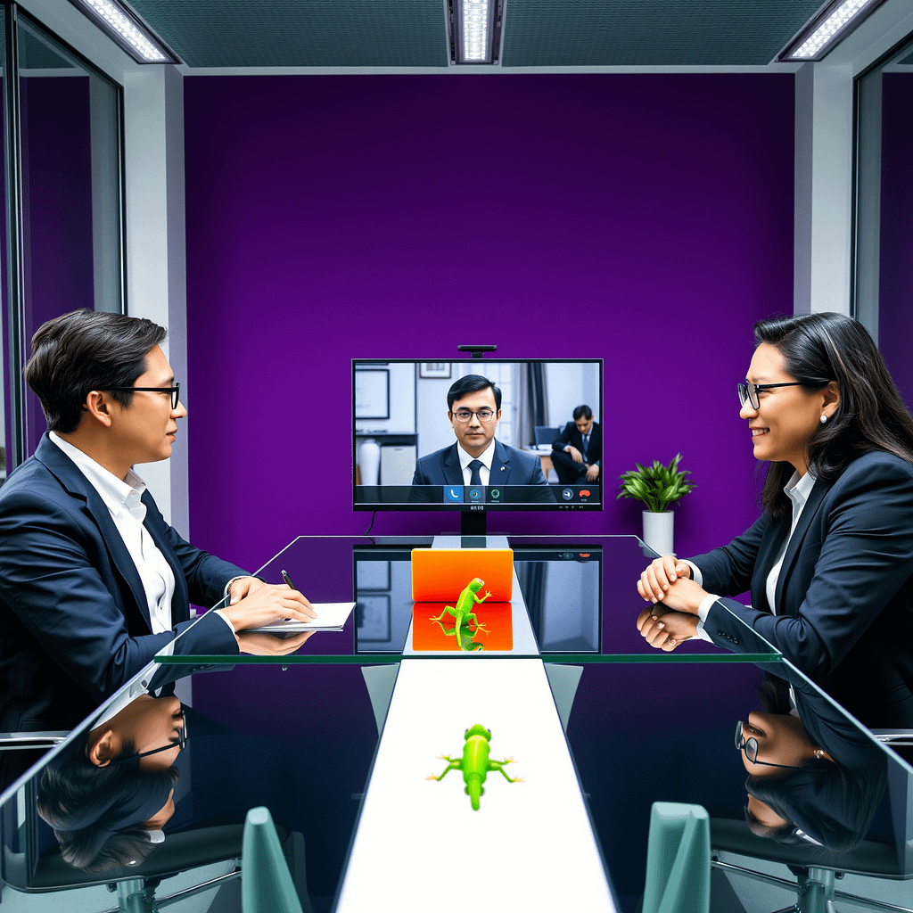 Drei Fachleute bei einem Discovery Call im modernen Büro mit lila Akzentwand und grünem Gecko auf dem Monitor