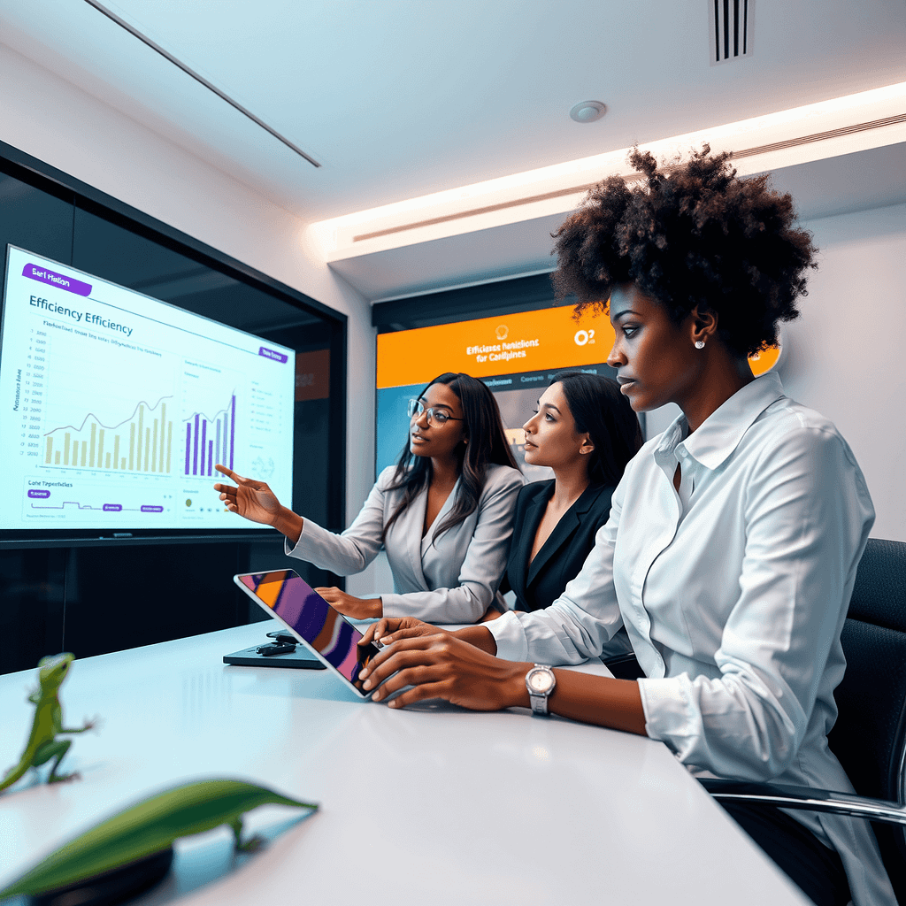 Drei Fachleute analysieren Efficiency Ratio auf Glaswhiteboard in minimalistischem Boardroom mit grünem Gecko
