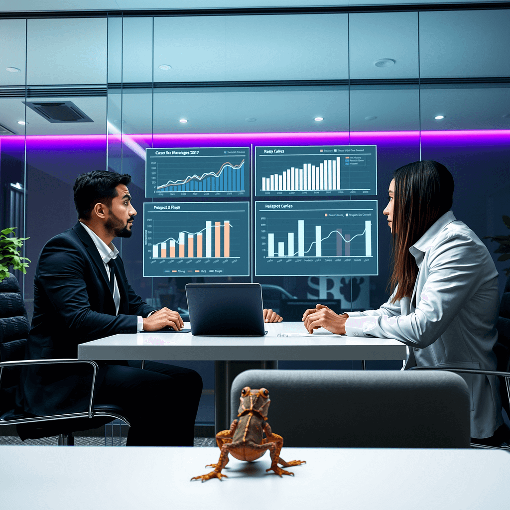 Drei Fachleute analysieren Expansion Revenue Charts in hyperrealistischem modernem Boardroom mit gecko