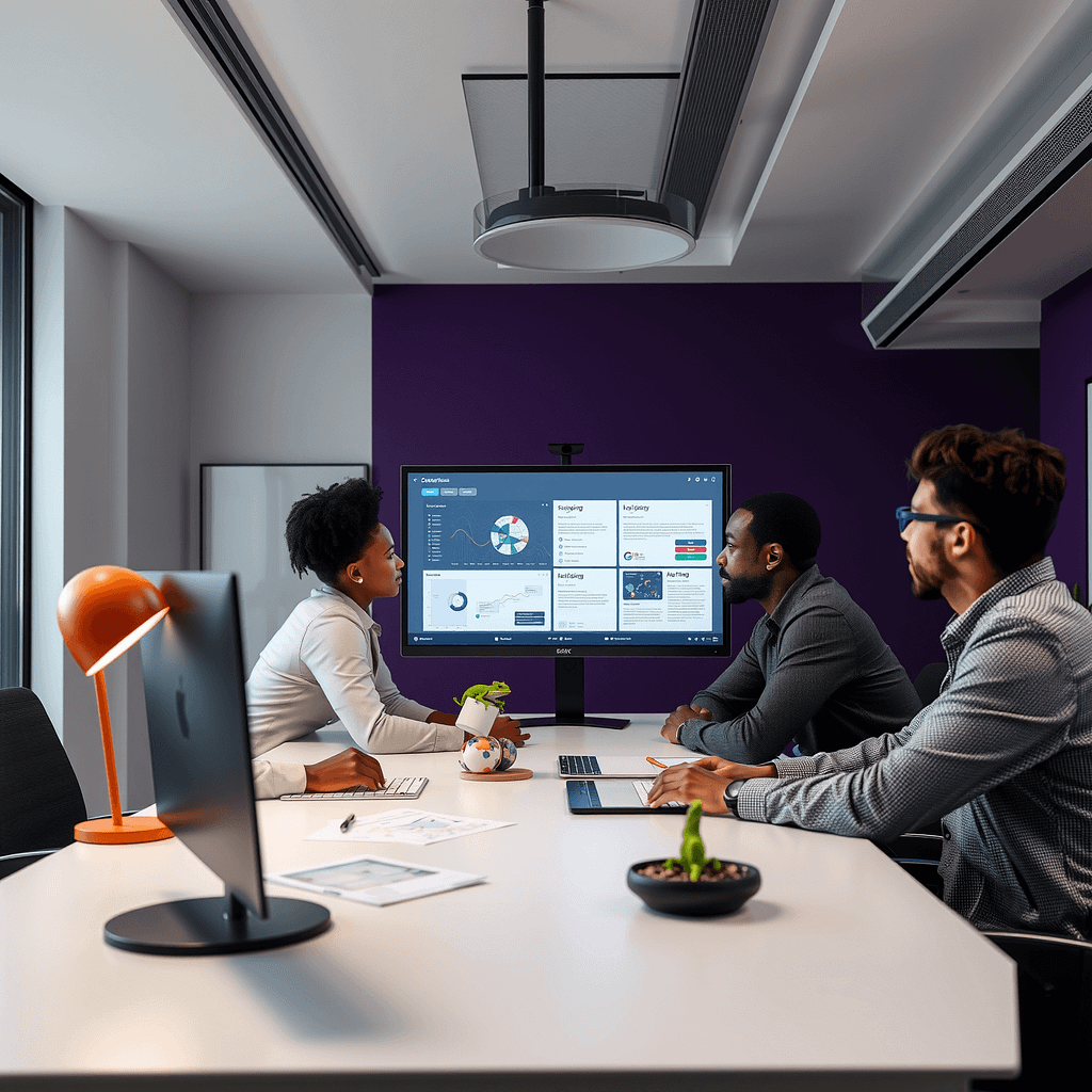 Drei Fachleute diskutieren Experience Design an einem modernen Tisch im Büro mit Akzentwand in tiefem Lila