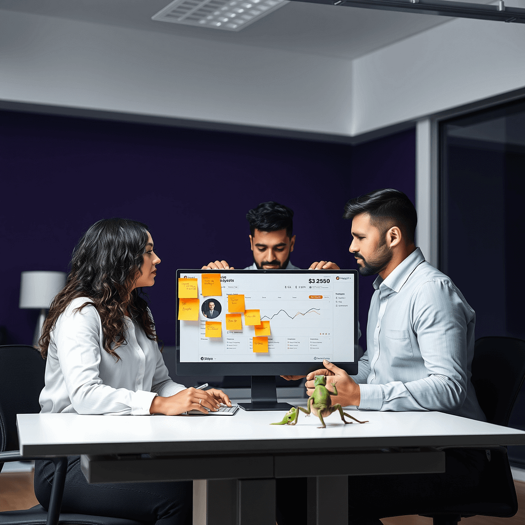 Drei Fachleute analysieren Feature Requests an digitaler Anzeige im modernen Büro mit Gecko