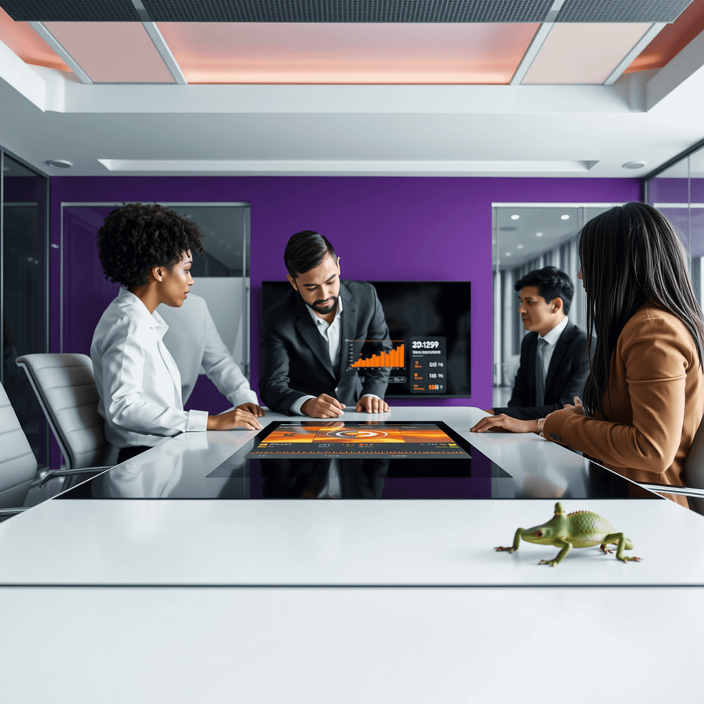 Drei Fachleute nutzen Gamification Datenvisualisierung in modernem Büro mit lila Akzentwand und orangem Dashboard