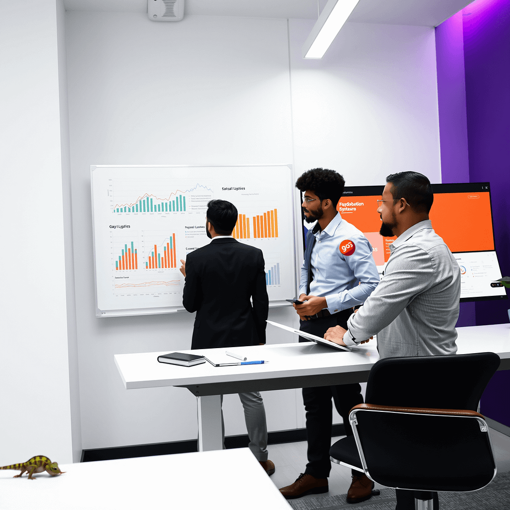 Drei Fachleute bei Gap Analysis mit Diagrammen auf Glaswand in modernem Büro