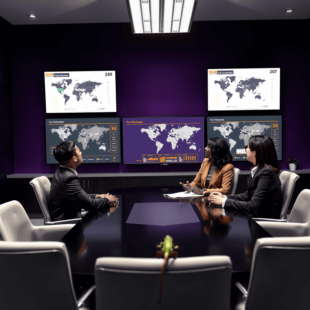 Drei diverse Fachleute analysieren geographic segmentation auf Screens in modernem Boardroom mit Weltkarte
