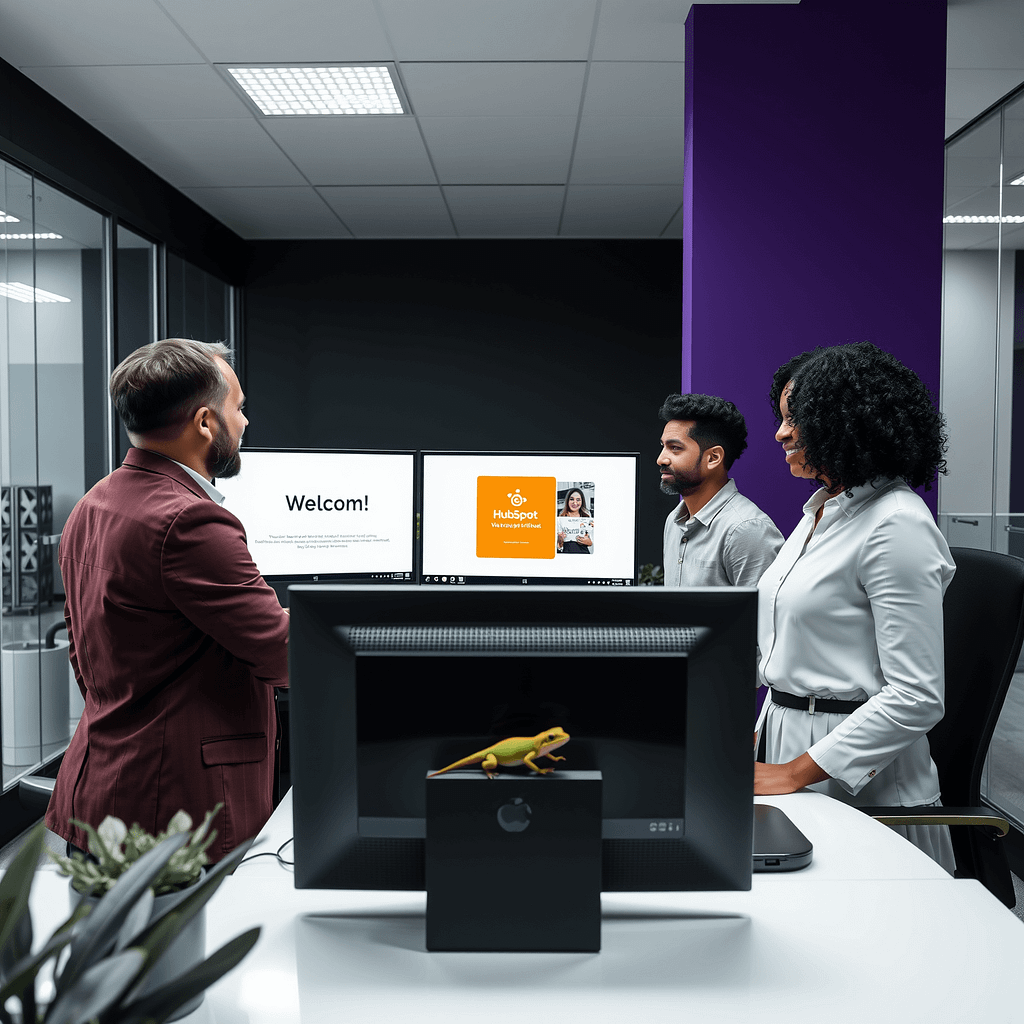 Diverse Fachleute führen Neuling mit digital guided onboarding im stilvollen Büro ein