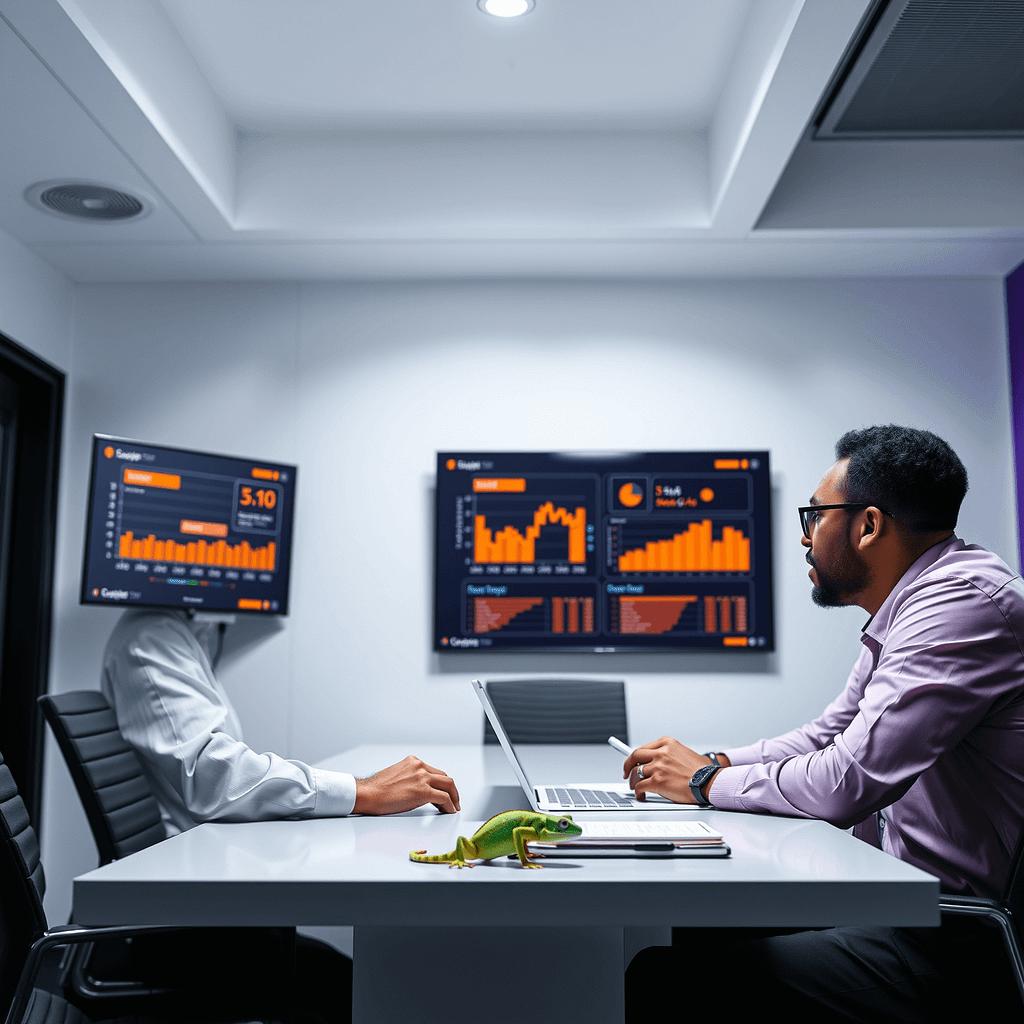 Drei Fachleute analysieren Impact Score auf digitalen Dashboards in minimalistischem Boardroom mit Akzentwand in Tiefpurpur und unauffälligem Gecko