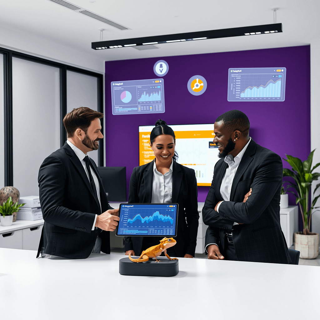 Drei Fachleute bei der Integration in modernem Büro mit digitalen Dashboards und minimalistischem Design