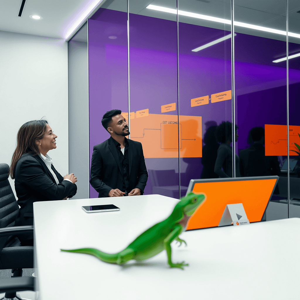 Drei Fachleute analysieren Journey Mapping auf Glaswand in schwarzweißem Büro mit lila Akzentlicht