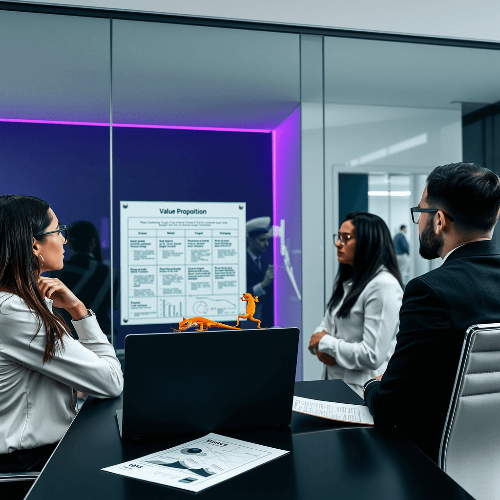 Drei Fachleute analysieren Key Value Proposition Canvas im modernen Büro mit purpurfarbenen Akzenten