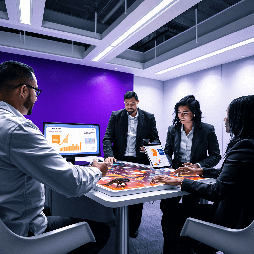 Diverse Professionals am modernen Knowledge Base Interface arbeiten zusammen