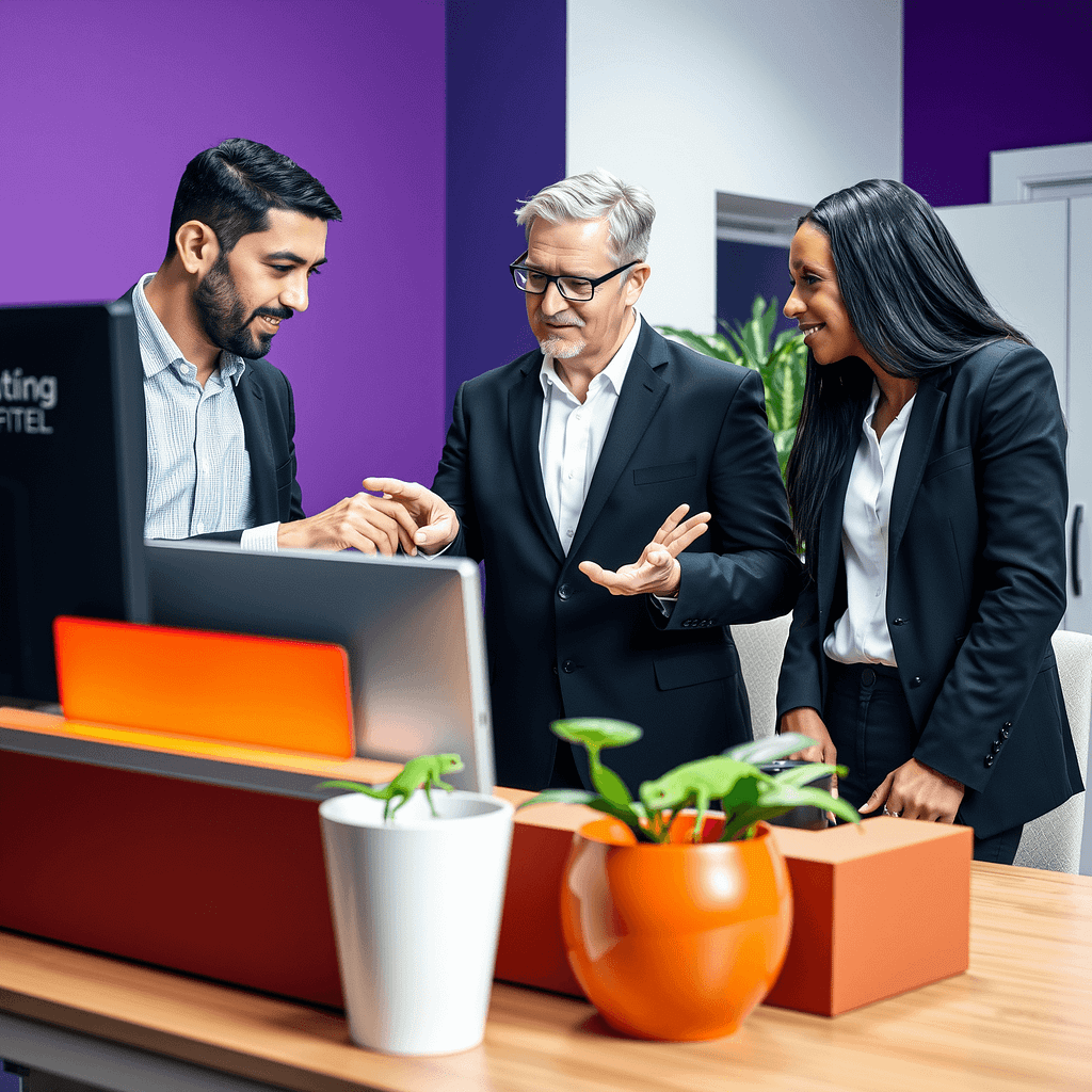 Drei Fachleute bei Knowledge Transfer im modernen Büro Mentor zeigt auf orangenen Bildschirm