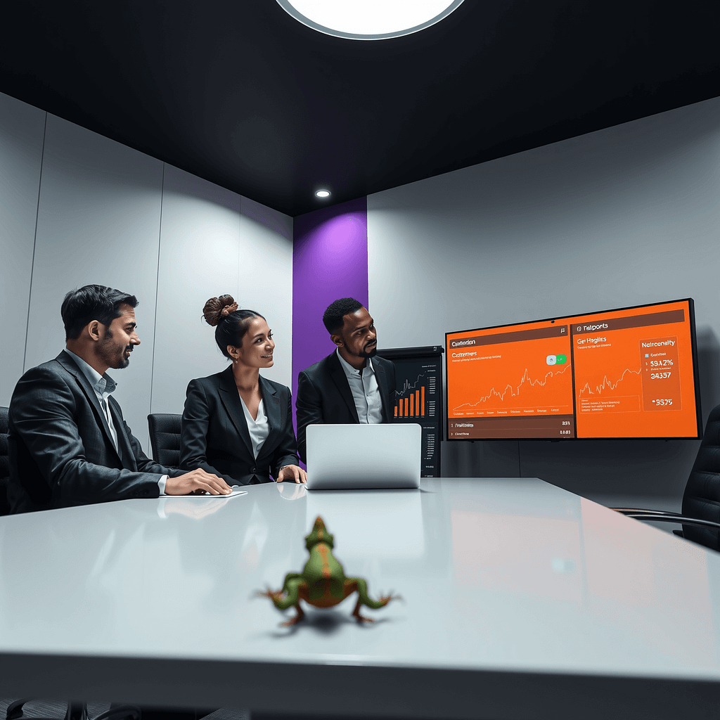 Drei diverse Fachleute in einer modernen Boardroom-Umgebung analysieren Kundenanalyse-Daten auf einem digitalen Dashboard