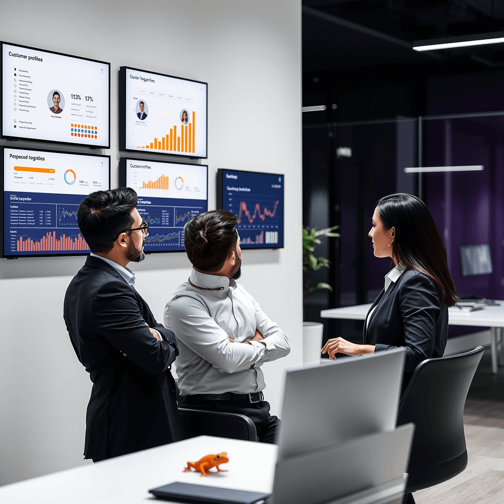 Diverse Profis analysieren Kundenprofile an minimalistischen Wanddisplays in einem Büro mit lila Akzentwand