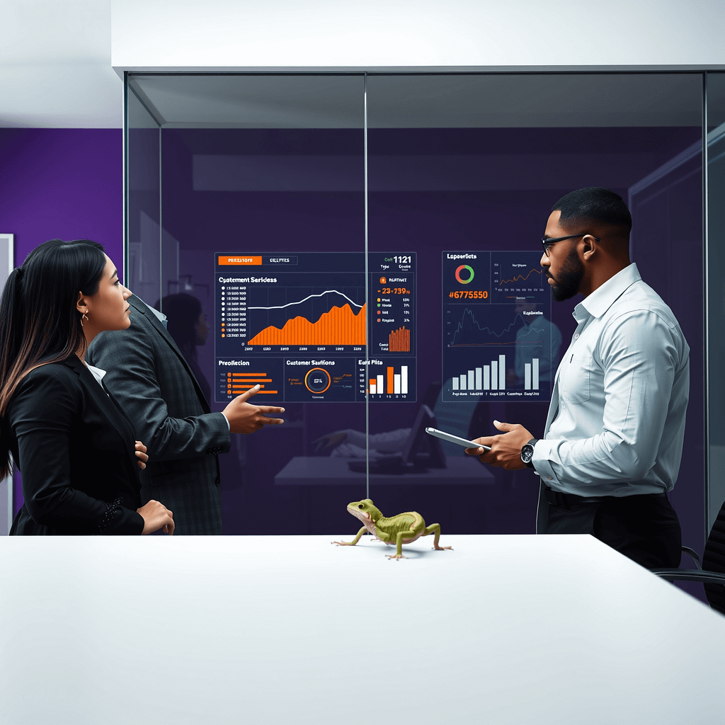 Drei Fachleute analysieren Lagging Indicators an einer digitalen Wand in einem minimalistischen Büro