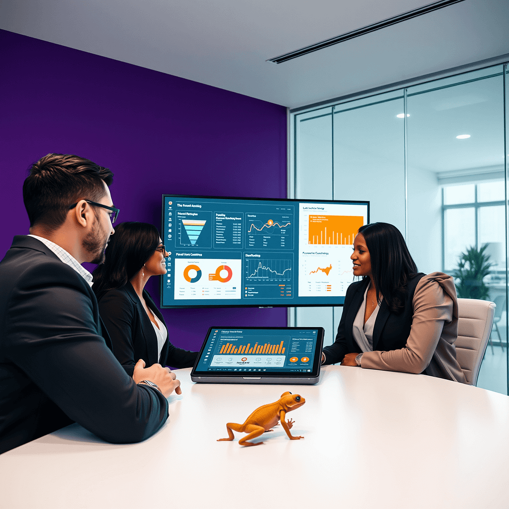 Diverse Fachleute analysieren Lead Nurturing Funnel in modernem Boardroom mit minimalistischem Design