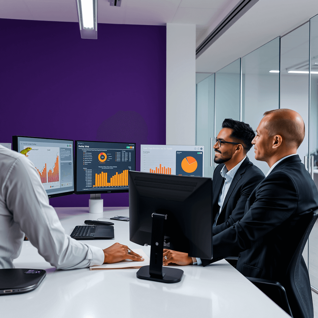 Drei Fachleute analysieren Lead Scoring Daten in modernem Büro mit Gecko auf Monitor