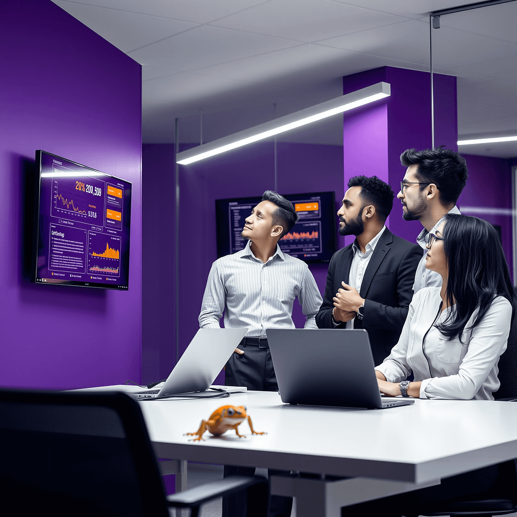 Drei Fachleute analysieren Limitations Awareness Daten auf Wanddisplays in modernem Büro