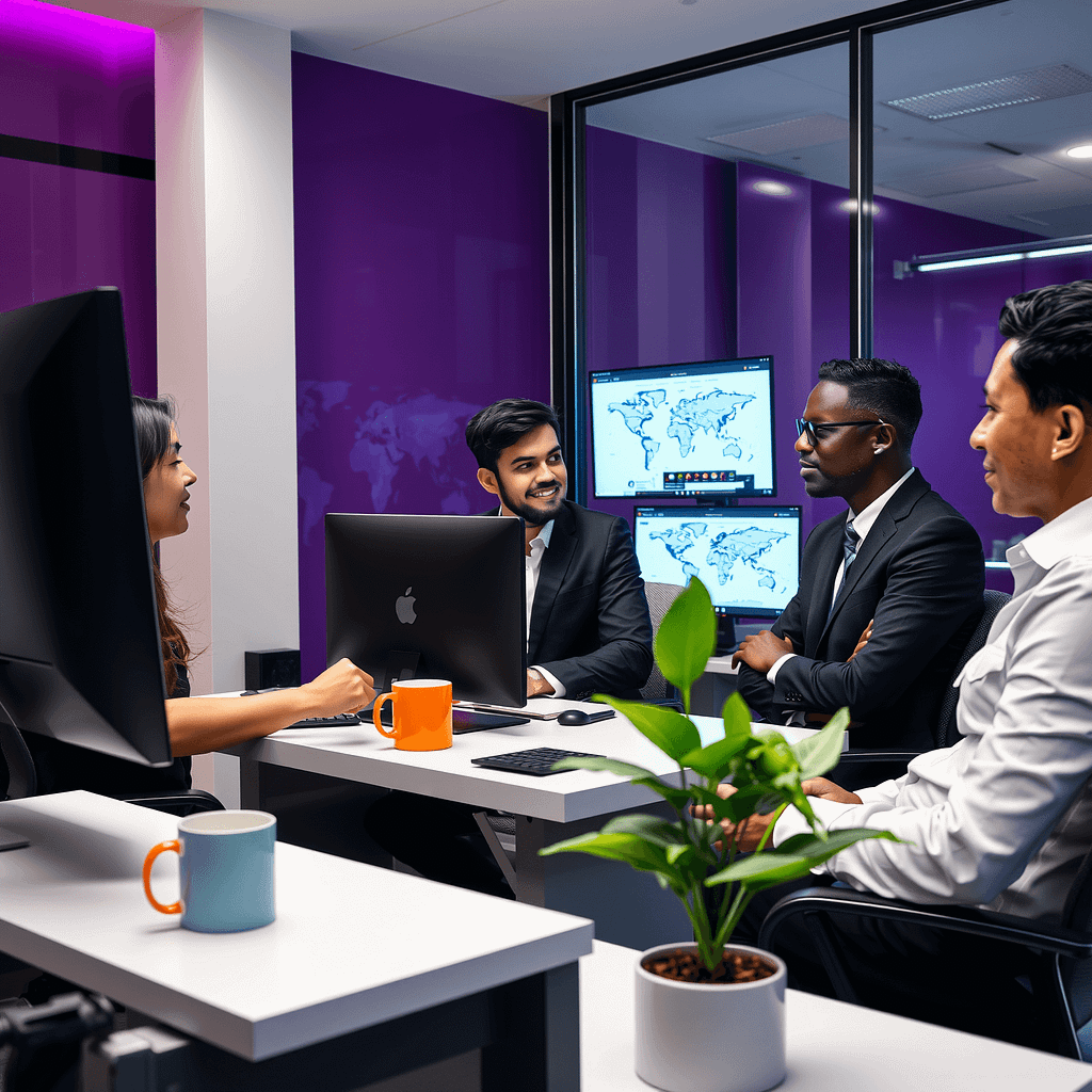 Drei Fachleute besprechen Localization Strategie in modernem Büro mit Lila Akzentwand und Hubspot orange Tasse