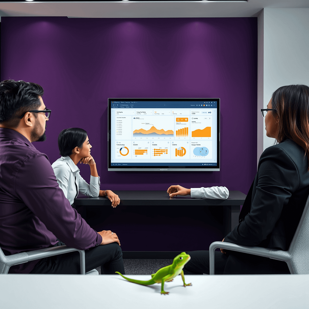 Drei Fachleute analysieren Marketing Automation Dashboard in minimalistischem Büro mit gecko