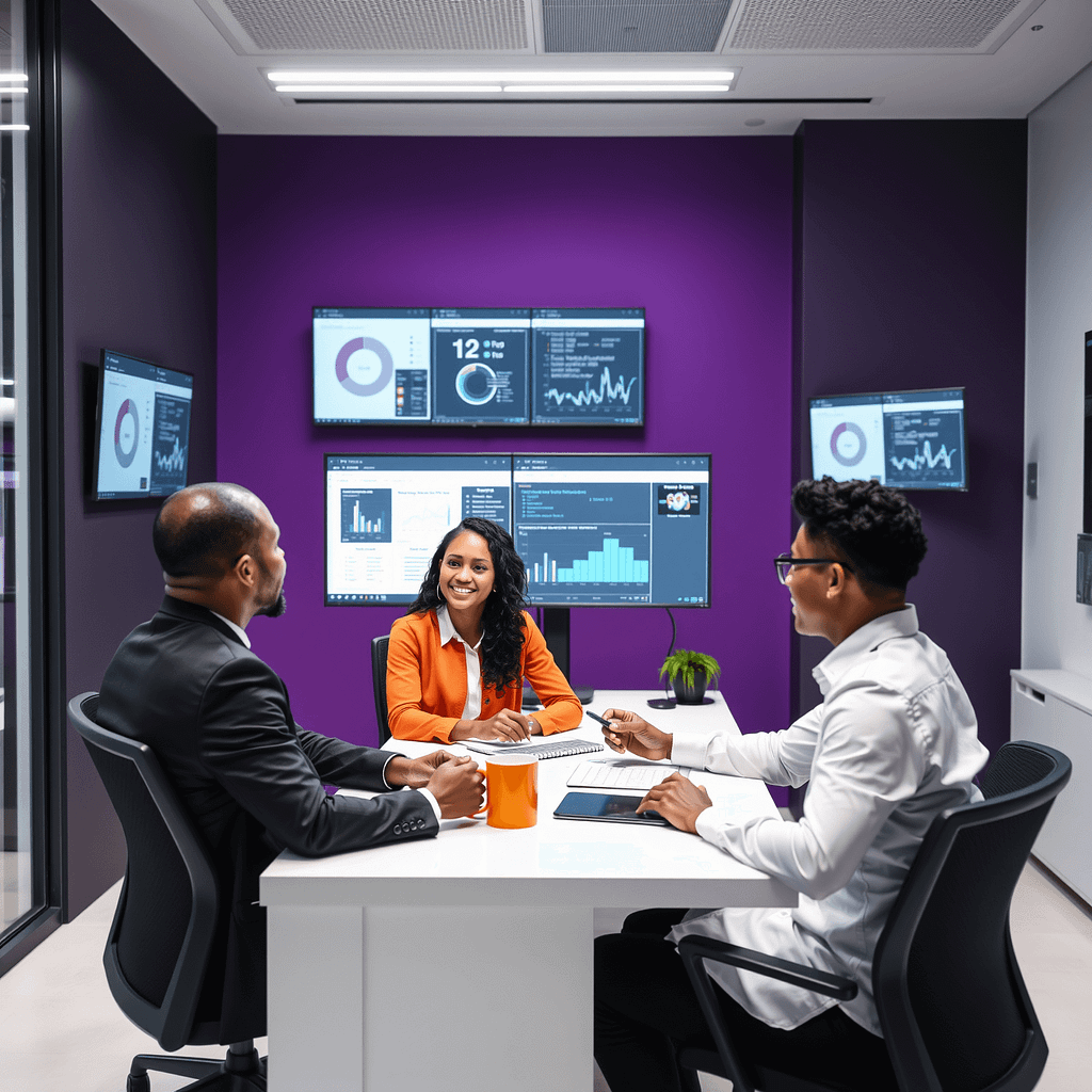 Drei Fachleute besprechen Migration Strategy am modernen Schreibtisch in einem hyperrealistischen Büro
