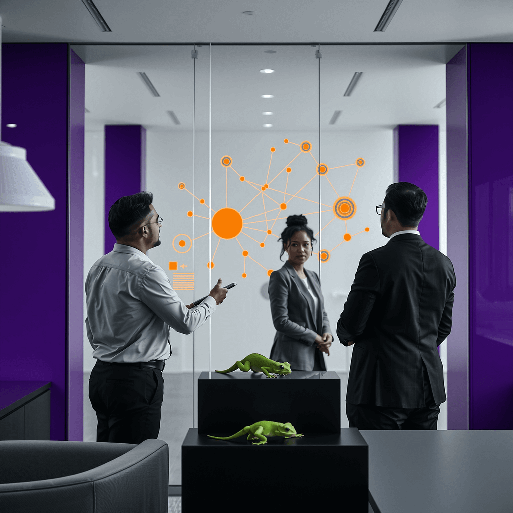 Diverse professionals analyze network effect diagrams in modern office with gecko on desk