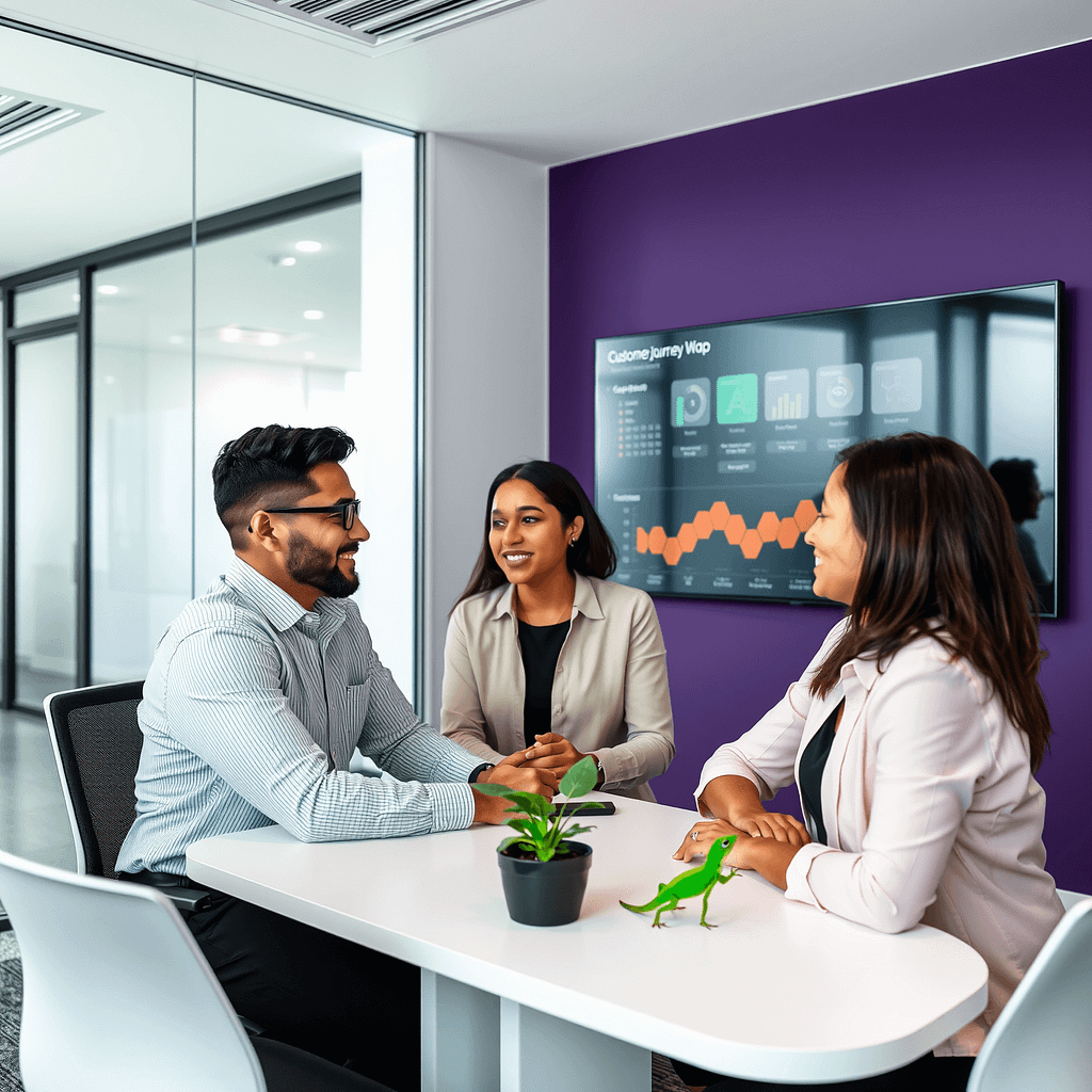 Drei Fachleute diskutieren im modernen Büro mit Akzentwand in Tiefviolett über Customer Success Steps auf digitalem Dashboard