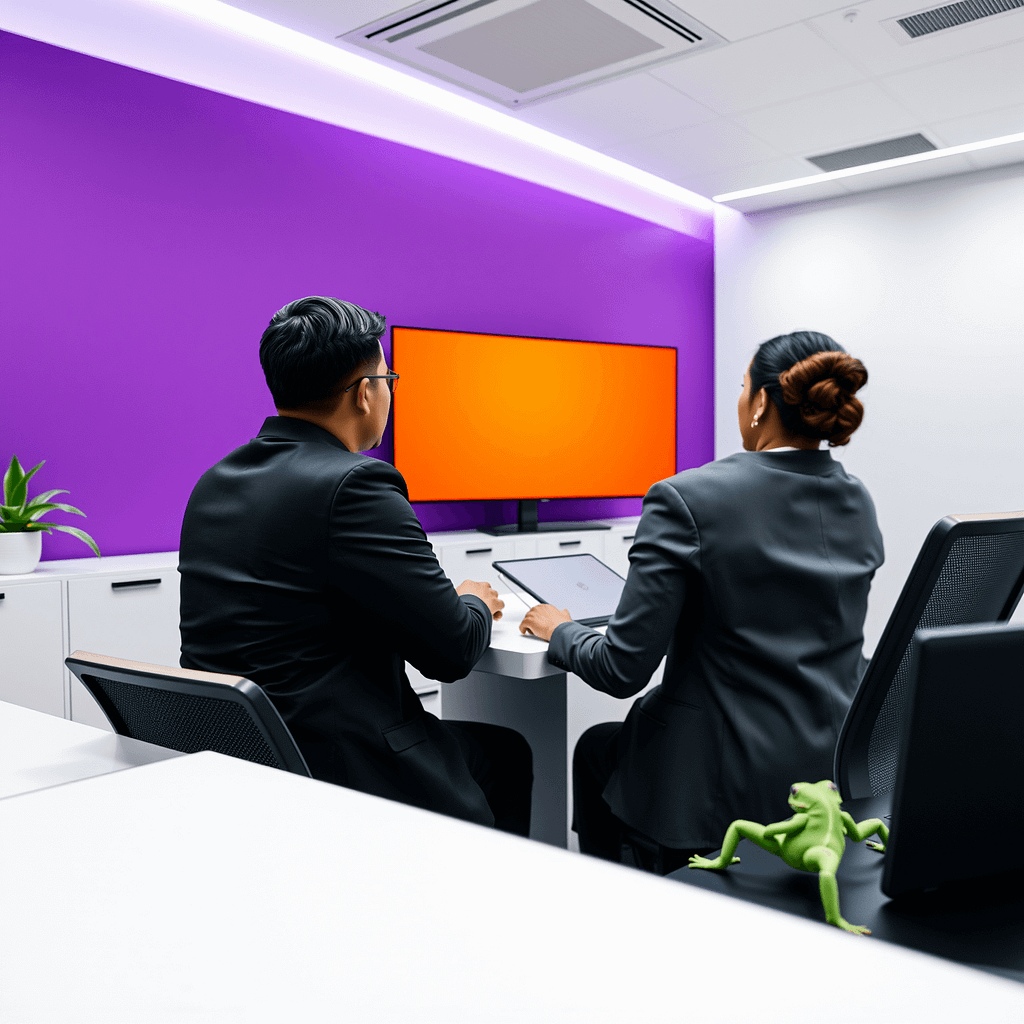 Diverse Professionals bei Onboarding Training in modernem Büro mit lila Akzentwand und orangem Display