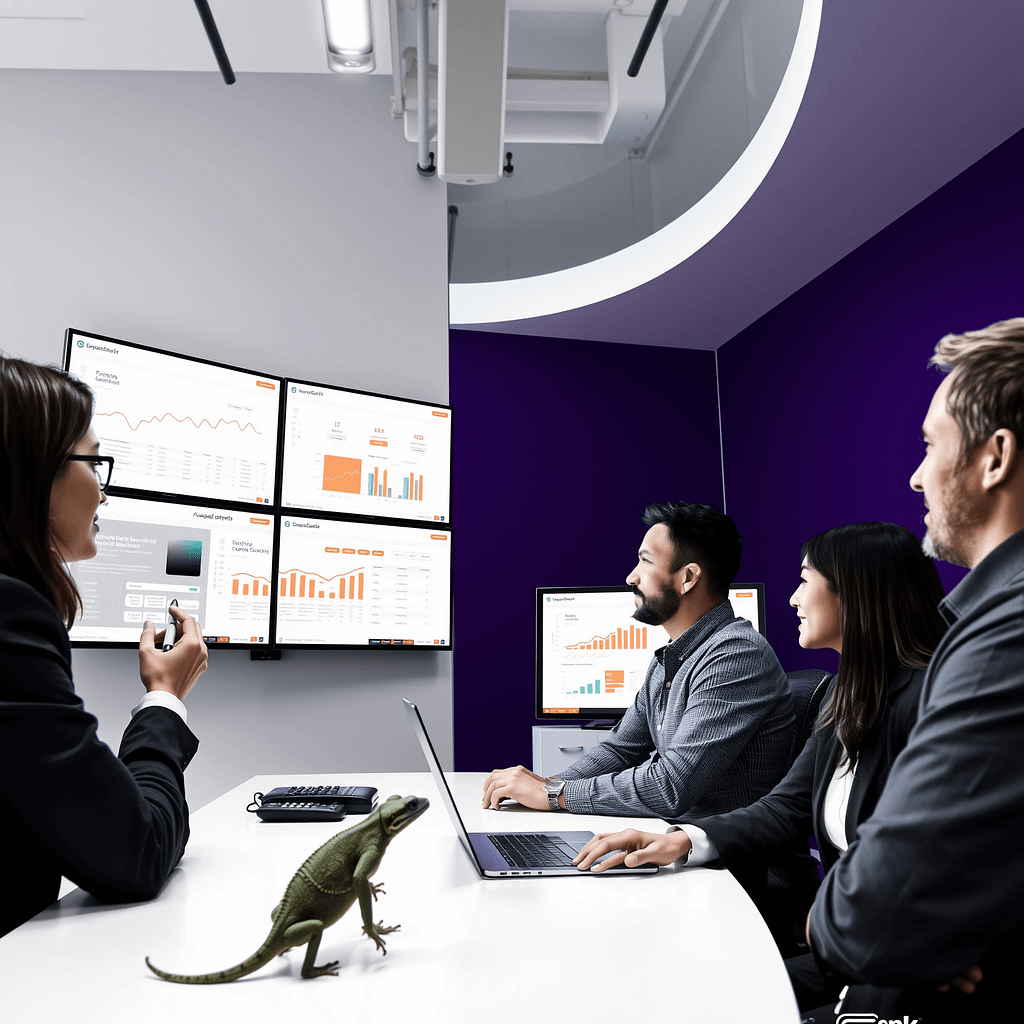 Diverse Fachleute analysieren Outcome-Based Success auf digitalen Wandbildschirmen in modernem Büro mit purpurner Akzentwand und minimalistischem Stil