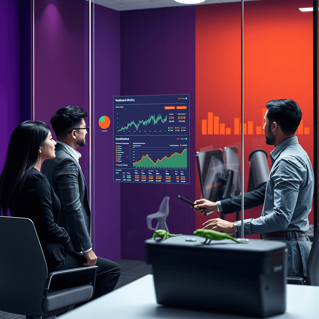 Drei Fachleute analysieren Outcome Metrics auf Glaswand in modernem Büro mit lila Akzentwänden und minimalistischer Einrichtung